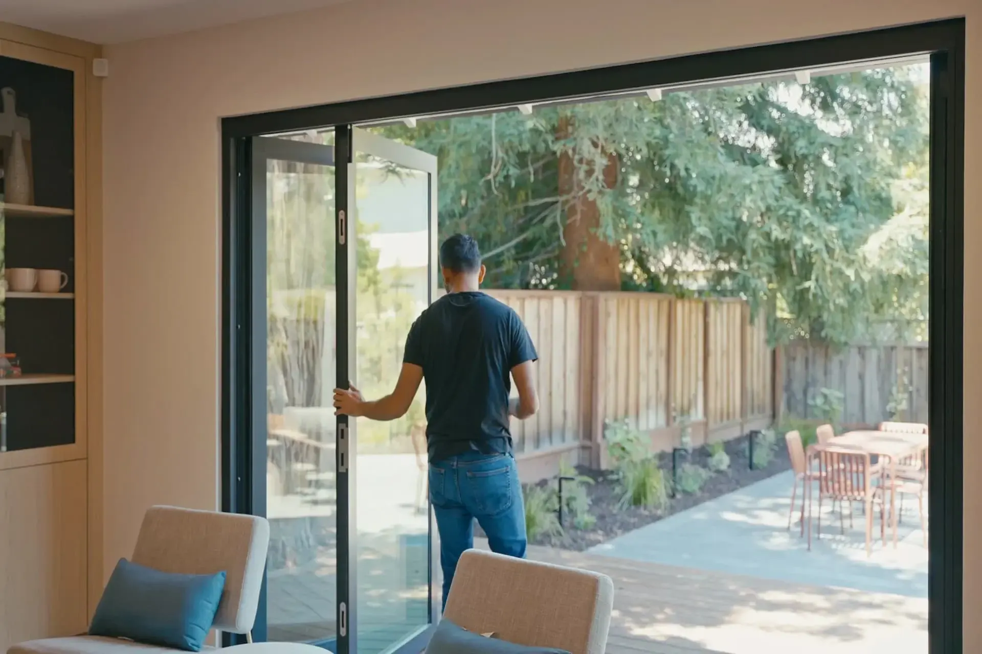 A homeowner opening a wide glass door onto the garden