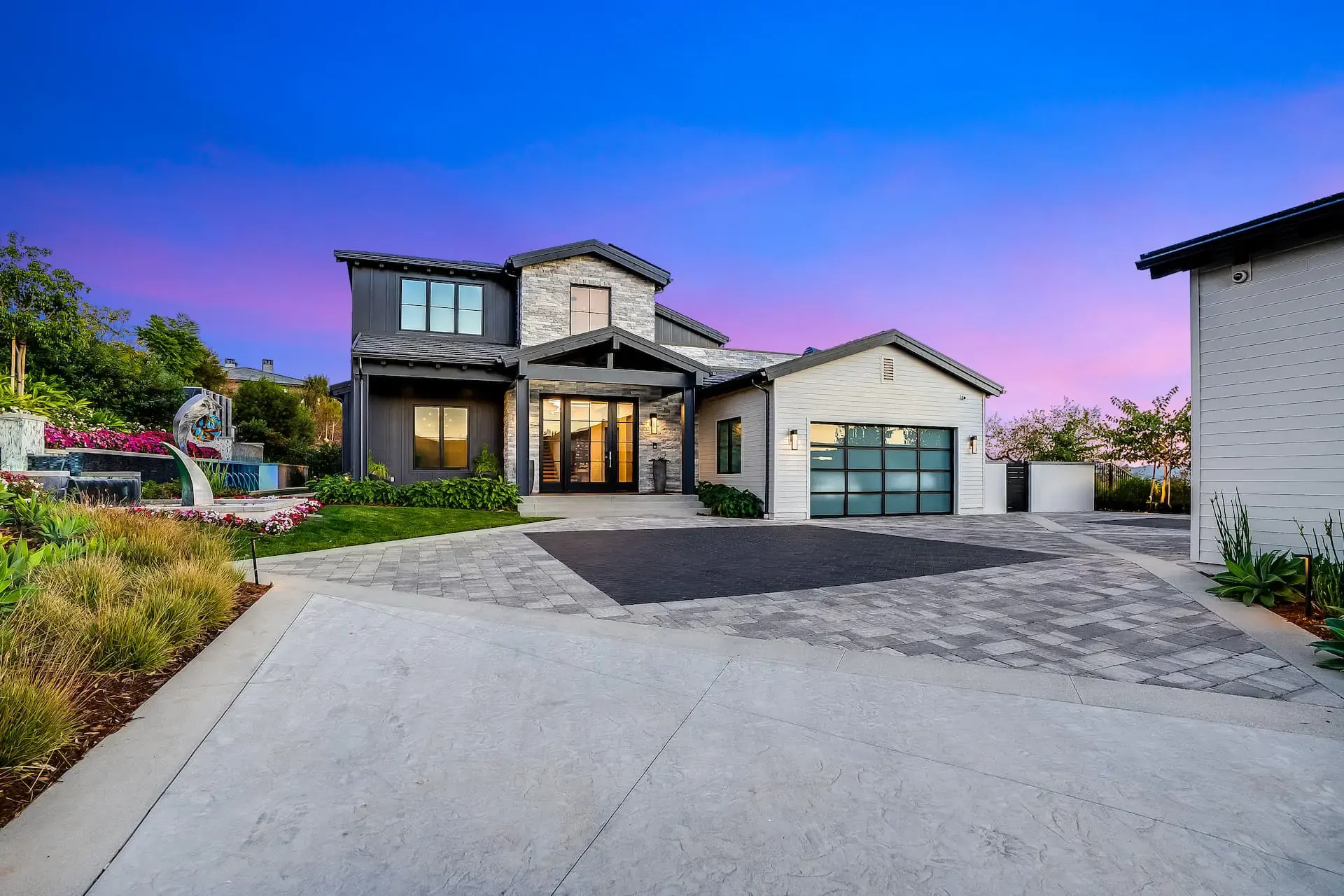 Exterior of the Miller Ranch home at dusk