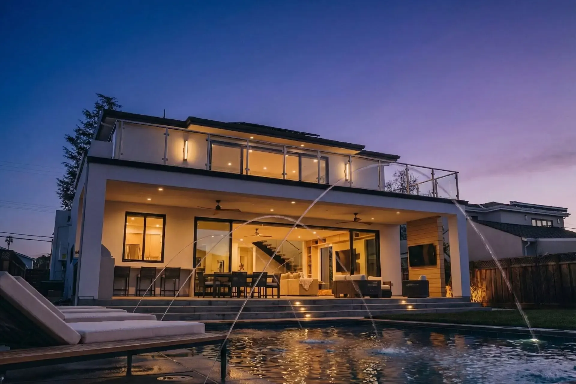 A finished private home and pool at dusk
